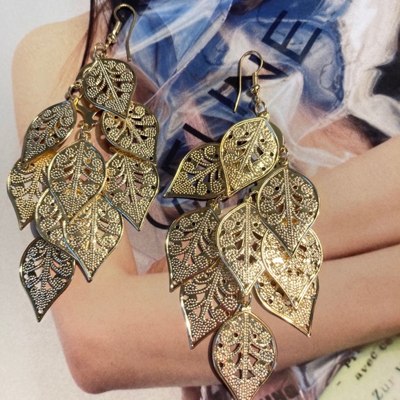 Gold Tone Long Leaves Earrings - Picture 2 of 4